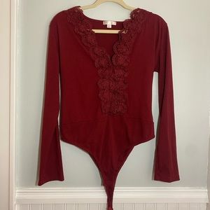 Maroon Body Suit Lace Neckline